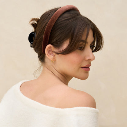 KITSCH Black & Chocolate Satin & Velvet Headbands — model wearing black satin headband for a sleek, polished look — smooth satin band for versatile styling
