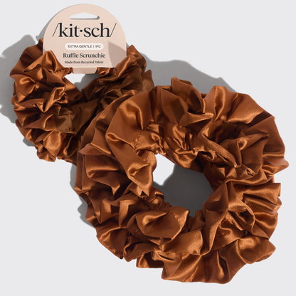 KITSCH Camel Ruffle Scrunchie — hero product shot — voluminous ruffle design in warm camel recycled fabric — adds playful texture to any ponytail or updo