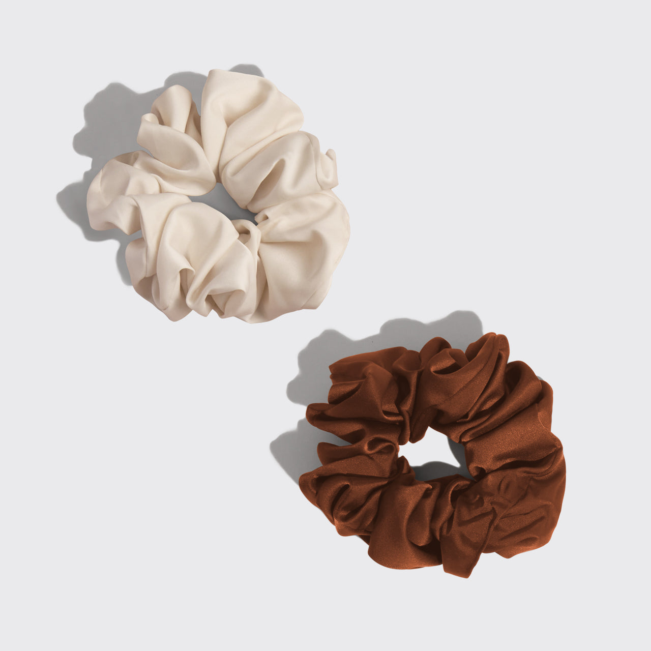 KITSCH Cream & Camel Oversized Scrunchies — product flat lay showing cream and camel oversized scrunchie set — made from soft recycled fabric, mix or stack for fun layered looks