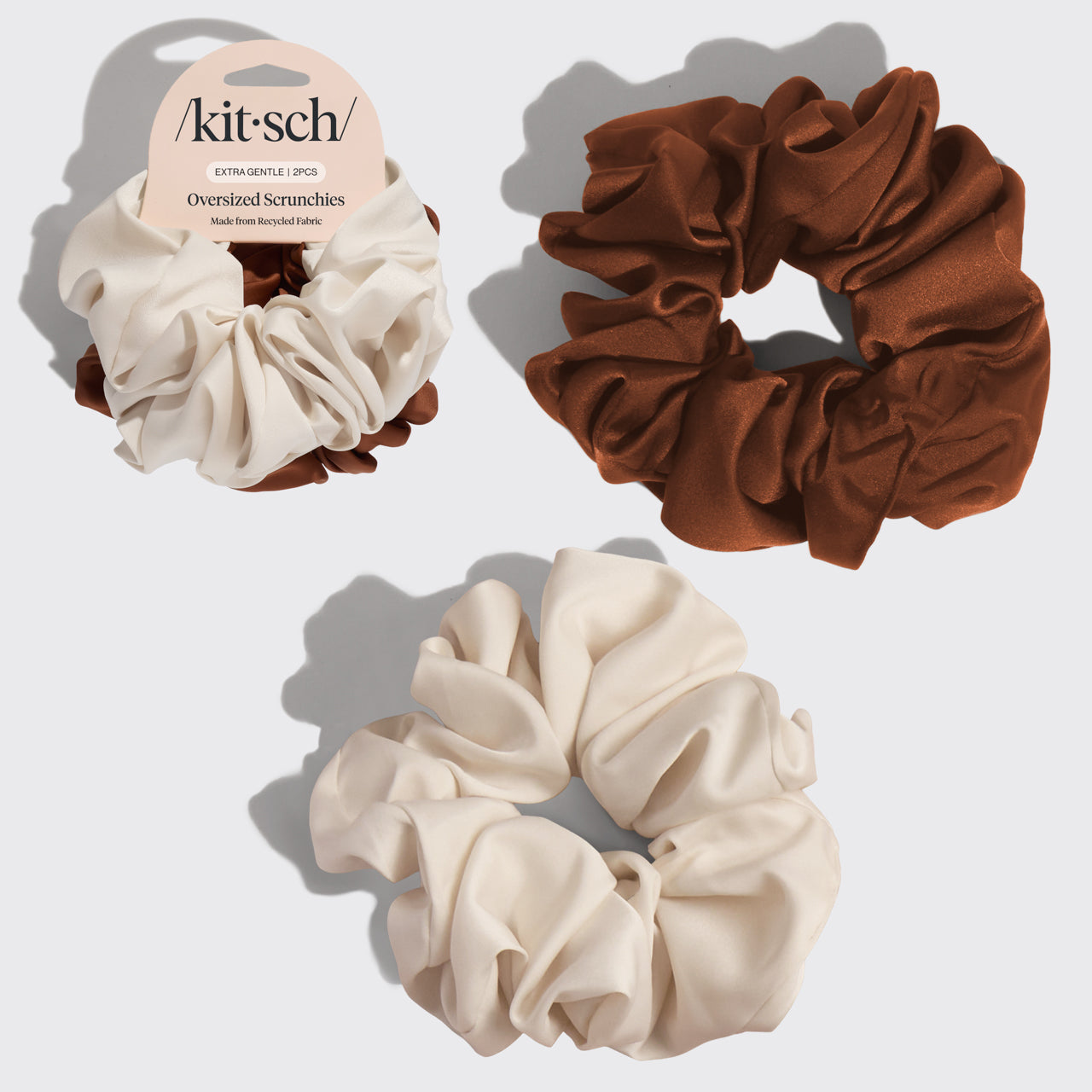 KITSCH Cream & Camel Oversized Scrunchies — hero product shot — oversized 2-piece set in cream and camel recycled fabric — adds playful volume and instant style to any hairstyle