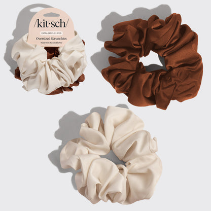 KITSCH Cream & Camel Oversized Scrunchies — hero product shot — oversized 2-piece set in cream and camel recycled fabric — adds playful volume and instant style to any hairstyle