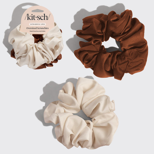 KITSCH Cream & Camel Oversized Scrunchies — hero product shot — oversized 2-piece set in cream and camel recycled fabric — adds playful volume and instant style to any hairstyle