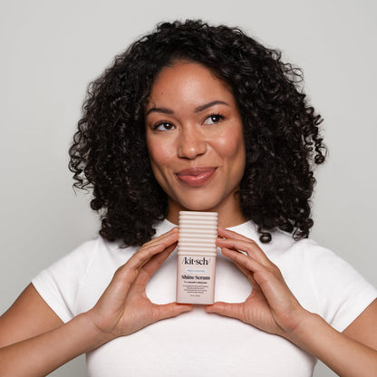 KITSCH Glass Hair Shine Serum — model showing smooth glossy hair results — 79% of testers agree Glass Hair Shine Serum kept strands smooth for 24 hours — lightweight serum that smooths frizz & flyaways