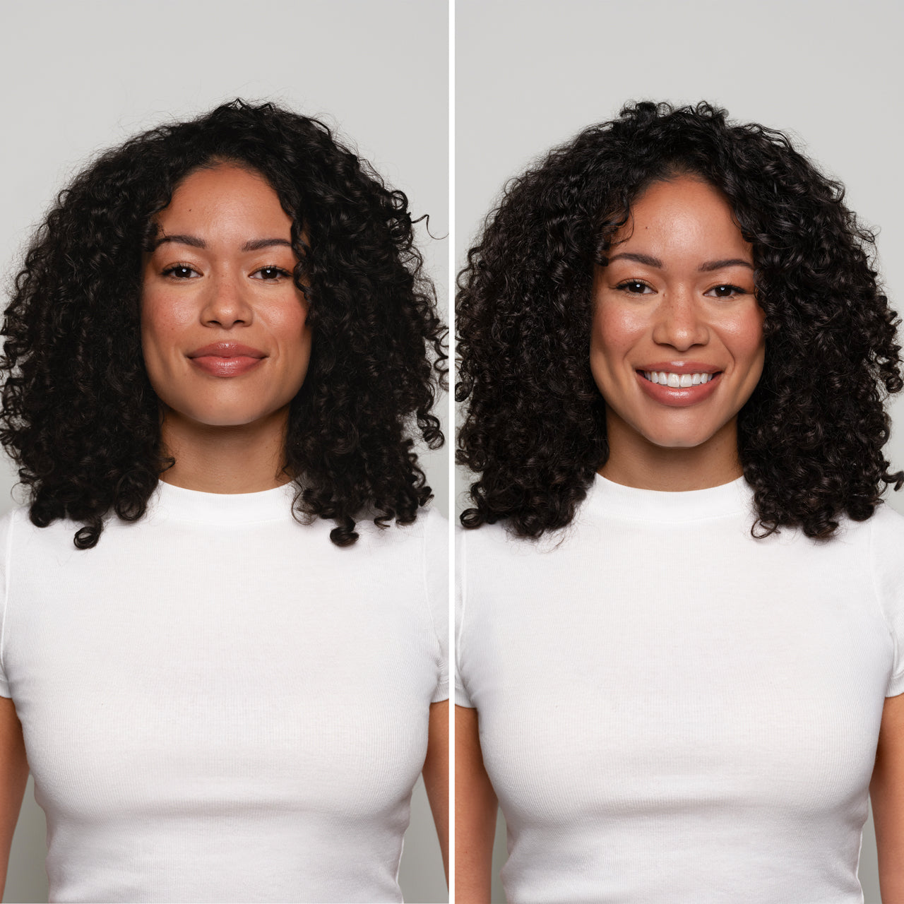 KITSCH Glass Hair Shine Serum — before and after front view of model hair — Keeps frizz in check while adding instant shine for an ultra-smooth, glass-like finish — 79% of testers agree Glass Hair Shine Serum kept strands smooth for 24 hours
