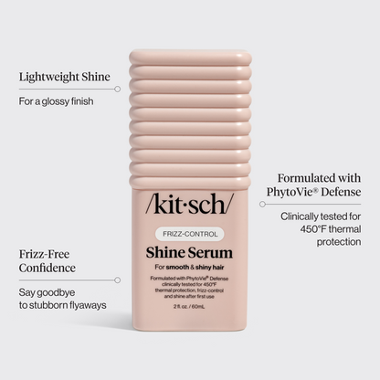 KITSCH Glass Hair Shine Serum — product infographic — Formulated with Phytovie® Defense for thermal protection, frizz-control, and shine after first use — protects hair from heat styling up to 450°F
