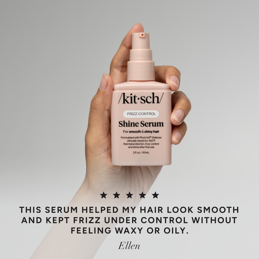 KITSCH Glass Hair Shine Serum — 5-star customer review graphic — Lightweight serum that smooths frizz & flyaways — adds glossy shine and hydration while keeping strands touchably soft