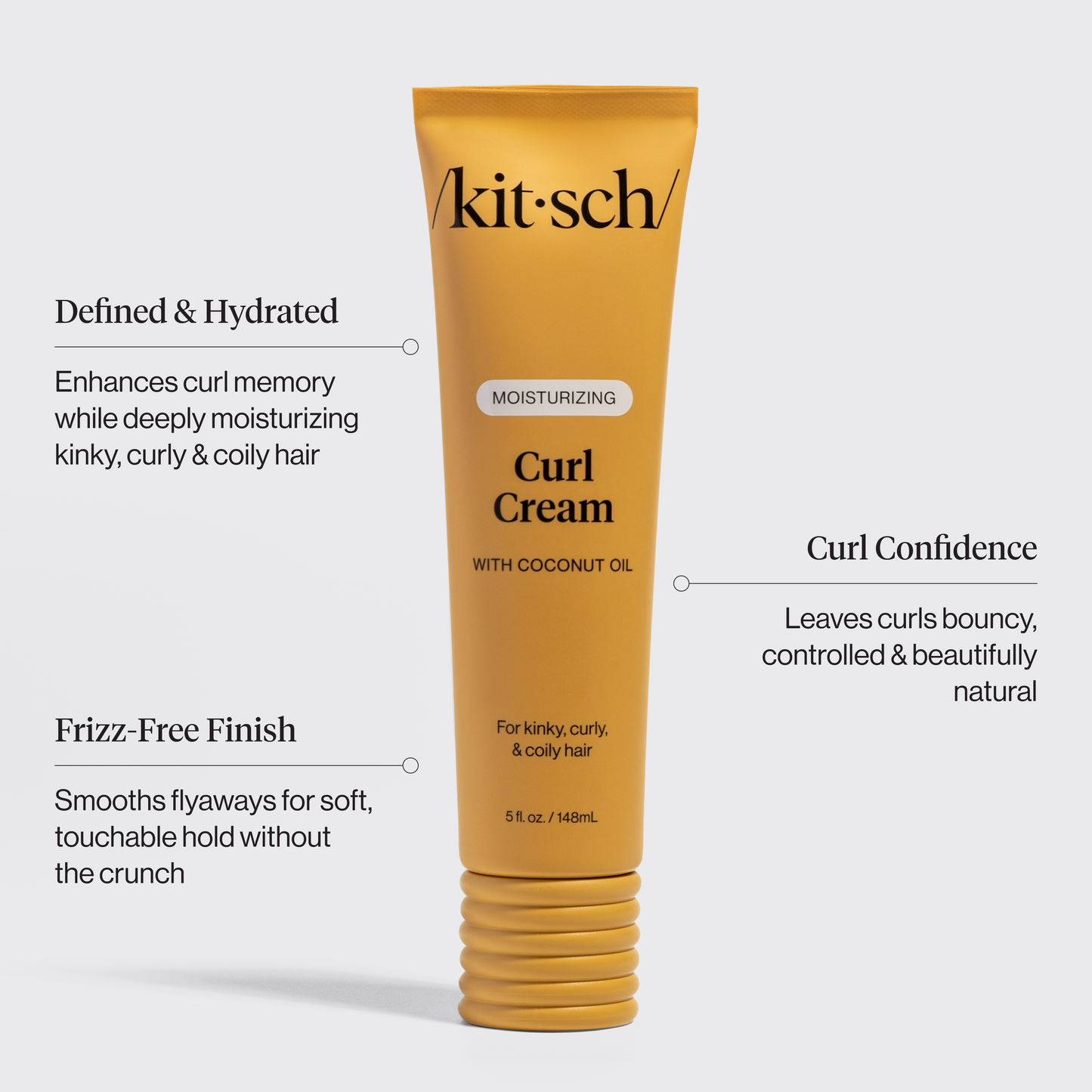 KITSCH Moisturizing Curl Cream — product infographic — Defines the hair's natural curl, leaving it moisturized and controlled — smooths flyaways and controls frizz for a touchable hold that lasts