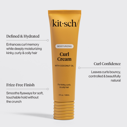 KITSCH Moisturizing Curl Cream — product infographic — Defines the hair's natural curl, leaving it moisturized and controlled — smooths flyaways and controls frizz for a touchable hold that lasts