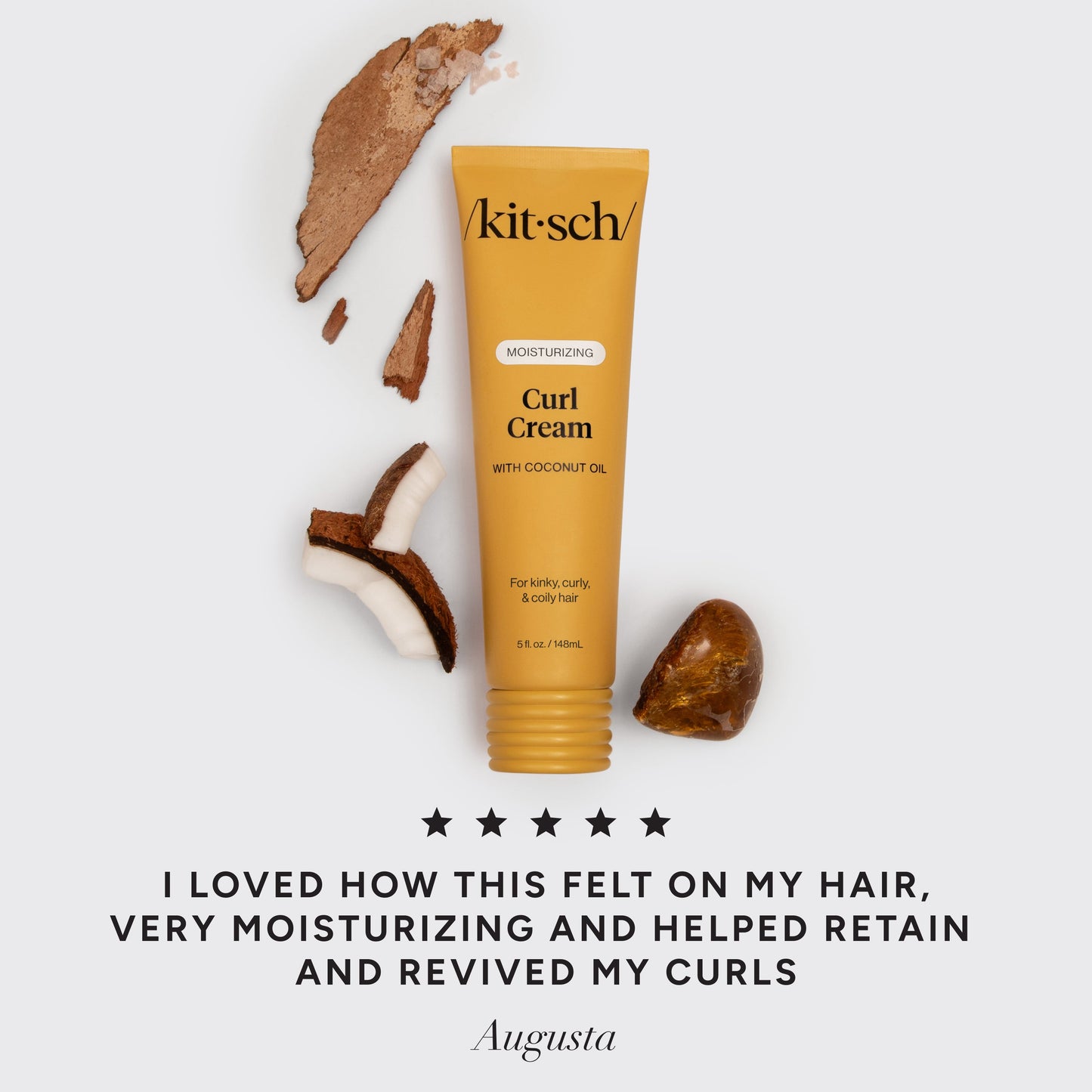 KITSCH Moisturizing Curl Cream — 5-star customer review graphic — Infused with nourishing coconut oil and moisture-locking emollients — defines the hair's natural curl, leaving it moisturized and controlled