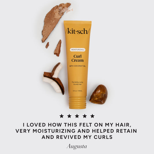 KITSCH Moisturizing Curl Cream — 5-star customer review graphic — Infused with nourishing coconut oil and moisture-locking emollients — defines the hair's natural curl, leaving it moisturized and controlled