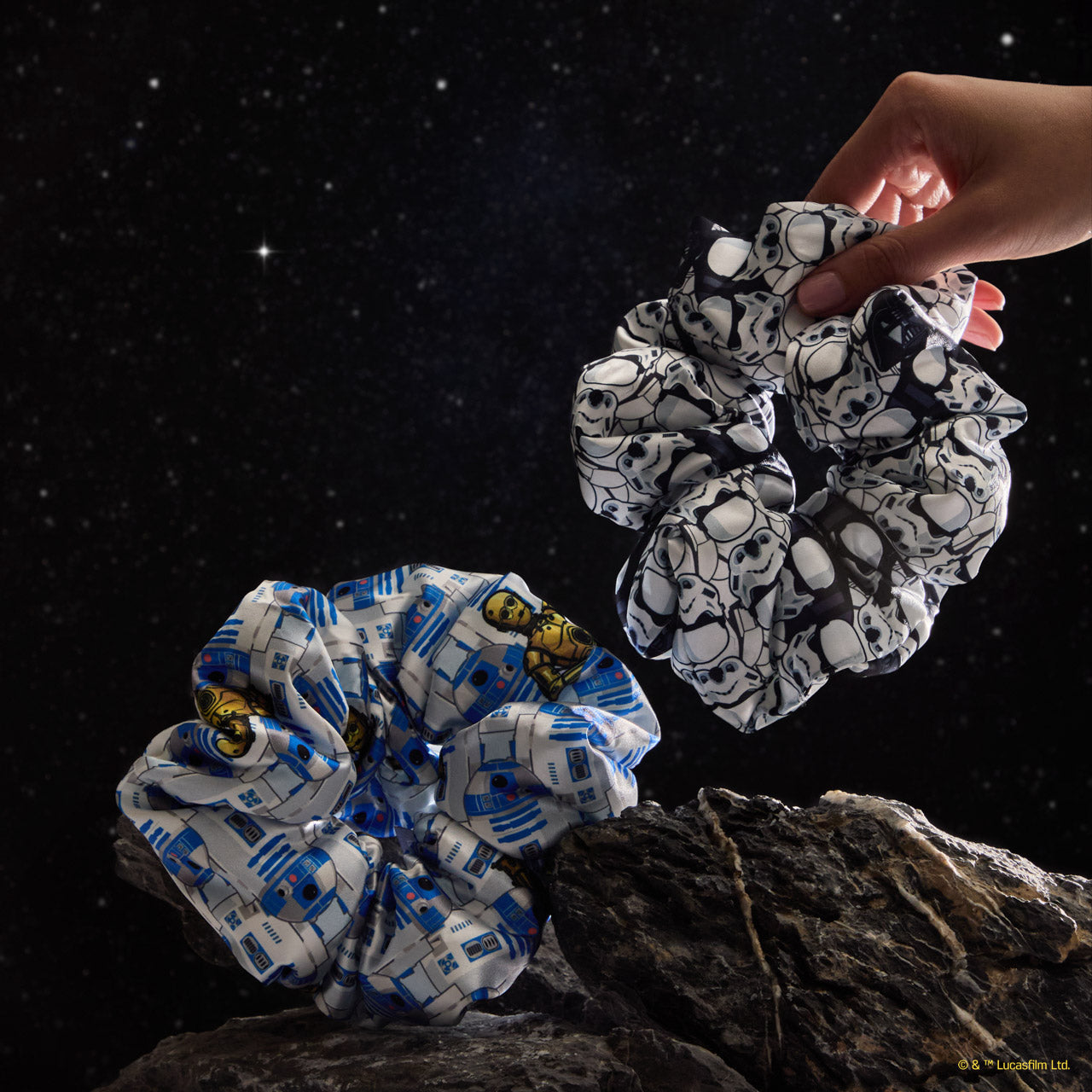KITSCH Star Wars™ & Kitsch Pillow Scrunchies® in Satin - R2-D2 & Stormtroopers — product detail of R2-D2 & Stormtrooper satin print — Star Wars x KITSCH limited-edition pillow scrunchie