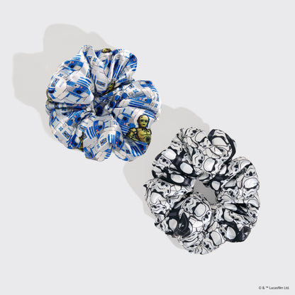 KITSCH Star Wars™ & Kitsch Pillow Scrunchies® in Satin - R2-D2 & Stormtroopers — product flat lay showing R2-D2 & Stormtrooper print — pillow-soft satin won't crimp hair while you sleep