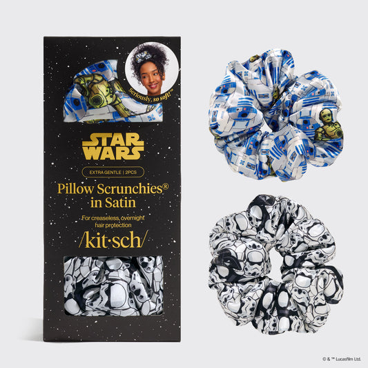 KITSCH Star Wars™ & Kitsch Pillow Scrunchies® in Satin - R2-D2 & Stormtroopers — hero product shot — limited-edition Star Wars x KITSCH collab in silky satin — pillow-soft satin gentle enough to sleep in