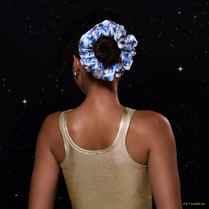 KITSCH Star Wars™ & Kitsch Pillow Scrunchies® in Satin - R2-D2 & Stormtroopers — model styling hair with Star Wars pillow scrunchie — silky satin construction won't crimp or damage hair overnight