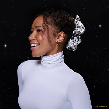KITSCH Star Wars™ & Kitsch Pillow Scrunchies® in Satin - R2-D2 & Stormtroopers — model wearing Star Wars satin pillow scrunchie — limited-edition collab design, gentle on all hair types