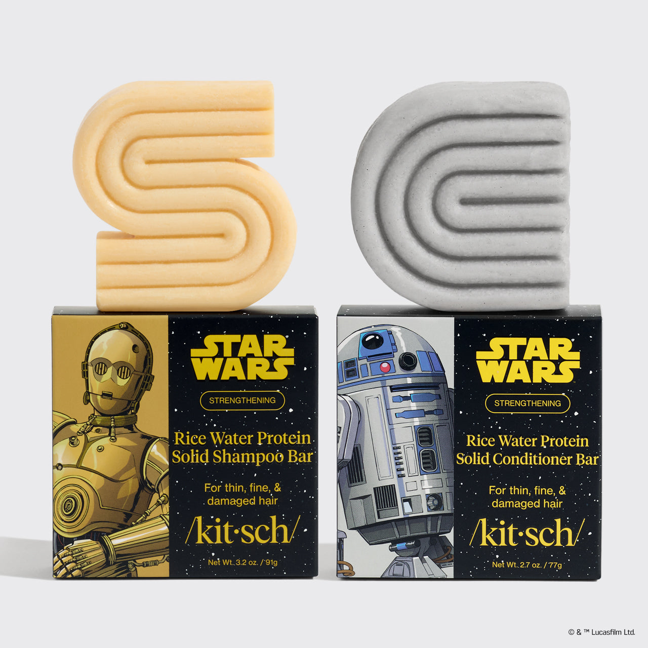 KITSCH x Star Wars™ Rice Water Protein Solid Shampoo Bar (C-3PO) & Solid Conditioner Bar (R2-D2) Combo — Strengthening formula For thin, fine, & damaged hair — honey-gold S-shaped shampoo bar and silver-grey S-shaped conditioner bar displayed above Star Wars licensed black gift boxes featuring C-3PO and R2-D2 artwork — /kit·sch/ branding