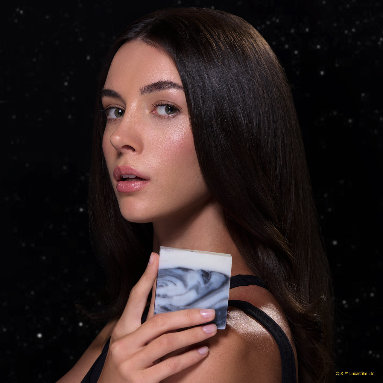 KITSCH Star Wars™ & Kitsch Shea Butter Moisturizing Solid Body Wash Stormtrooper Swirl — model lathering bar in shower — Super-hydrating formula moisturizes your skin (you won't even need body lotion post-shower!) — small plant-derived exfoliants gently exfoliate to reveal softer skin