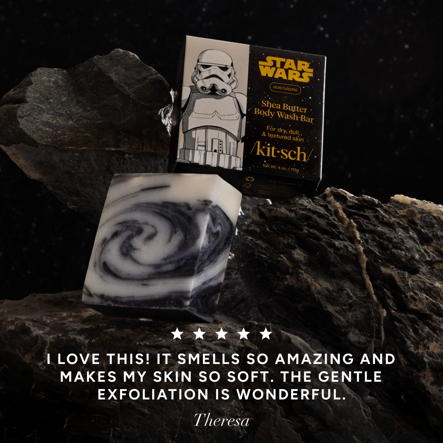 KITSCH Star Wars™ & Kitsch Shea Butter Moisturizing Solid Body Wash Stormtrooper Swirl — 5-star customer review graphic — Super-hydrating formula moisturizes your skin (you won't even need body lotion post-shower!) — free of parabens, phthalates, silicones, & sulfates