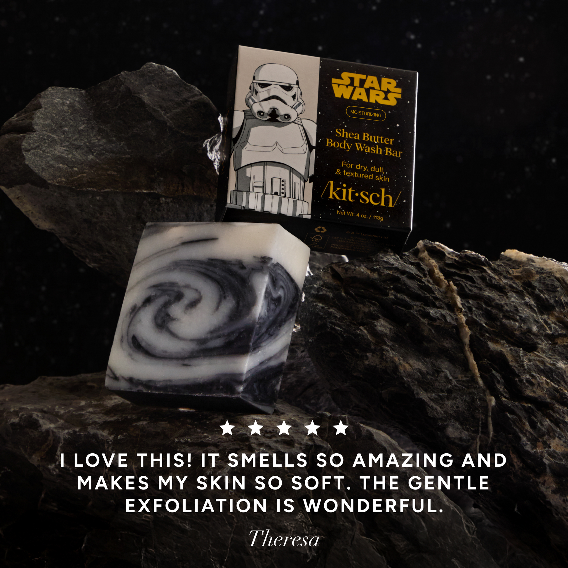 KITSCH Star Wars™ & Kitsch Shea Butter Moisturizing Solid Body Wash Stormtrooper Swirl — 5-star customer review graphic — Super-hydrating formula moisturizes your skin (you won't even need body lotion post-shower!) — free of parabens, phthalates, silicones, & sulfates