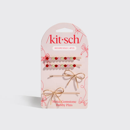 Red, Pink, & Green Gemstone and Bow Bobby Pins