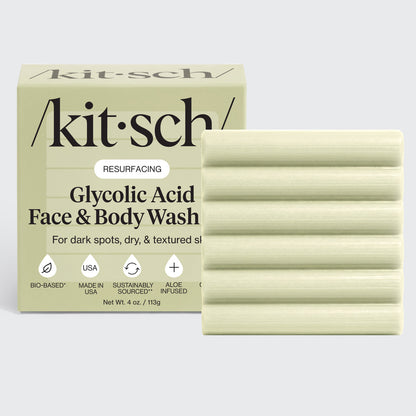KITSCH Glycolic Acid Resurfacing Face and Body Wash — hero product shot — Formulated with 0.7% glycolic acid to gently exfoliate and promote brighter, more even-looking skin — dual-use for face + body