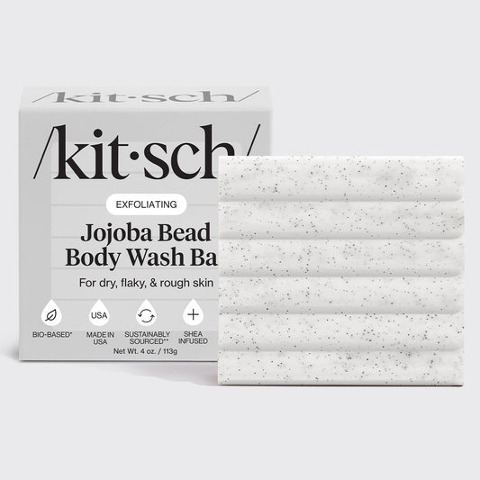 KITSCH Jojoba Bead Exfoliating Body Wash Bar — hero product shot — Formulated with biodegradable jojoba beads to gently buff away dry, flaky skin, smooth bumps and roughness — enriched with shea butter + aloe to hydrate and soothe