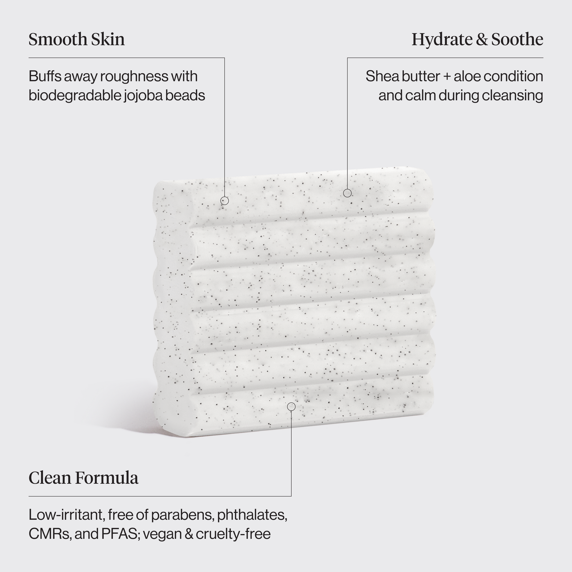 KITSCH Jojoba Bead Exfoliating Body Wash Bar — product infographic — Enriched with shea butter + aloe to hydrate and soothe during cleansing — sustainable exfoliation: jojoba beads are biodegradable and planet-conscious