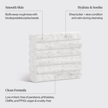 KITSCH Jojoba Bead Exfoliating Body Wash Bar — product infographic — Enriched with shea butter + aloe to hydrate and soothe during cleansing — sustainable exfoliation: jojoba beads are biodegradable and planet-conscious