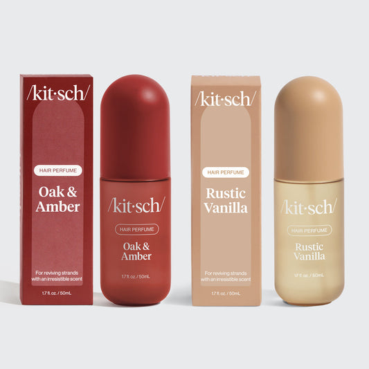 Kitsch Holiday Duo – Rustic Vanilla and Oak & Amber hair perfumes paired on a festive neutral background