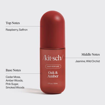 Kitsch Oak & Amber Hair Perfume scent notes infographic with top, middle, and base fragrance notes