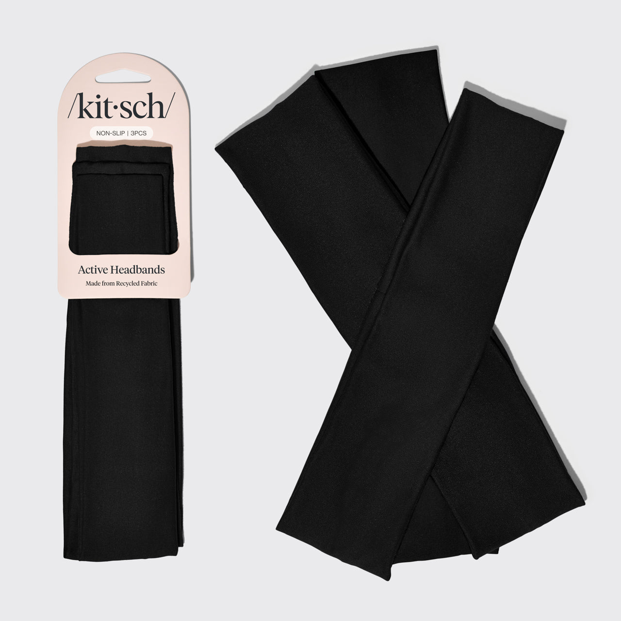 KITSCH Black Active Headbands — hero product shot of black active headbands 3-piece set — soft, stretchy design keeps hair in place during workouts and lounging