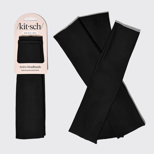 KITSCH Black Active Headbands — hero product shot of black active headbands 3-piece set — soft, stretchy design keeps hair in place during workouts and lounging