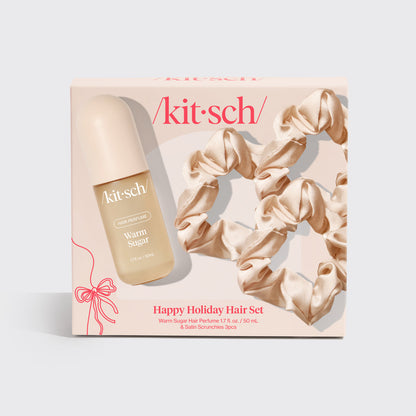 KITSCH Happy Holiday Hair Set — holiday gift packaging shot — includes Warm Sugar Hair Perfume and 3 satin sleep scrunchies — limited-edition holiday gift set