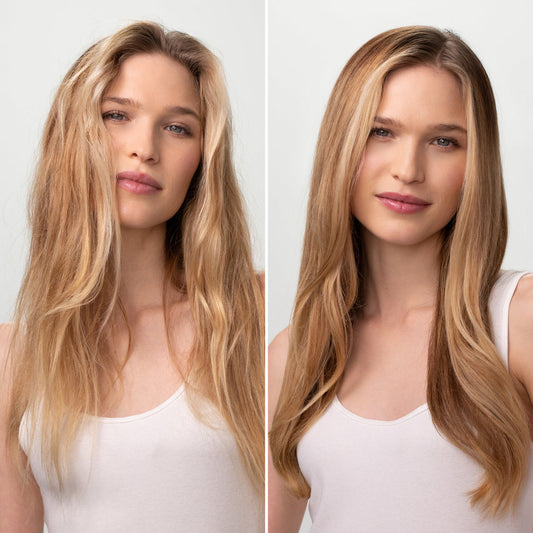 Before and after comparison of a woman with long blonde hair showing improved volume and shine after using KITSCH Rice Water Protein Shampoo and Conditioner