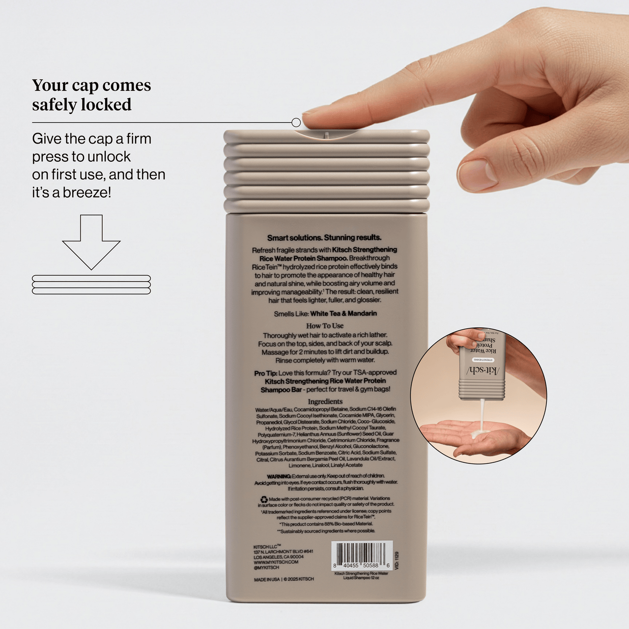KITSCH Rice Water Protein Strengthening Shampoo back label with safety-locked cap and hand pressing to unlock on first use