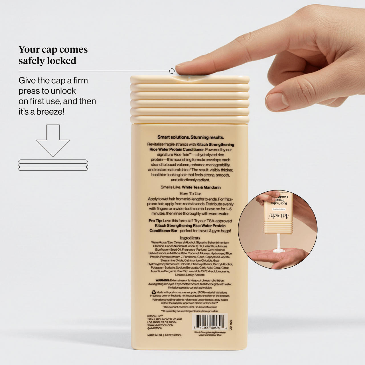 KITSCH Strengthening Rice Water Protein Conditioner back label showing the safety-locked cap with hand pressing to unlock on first use