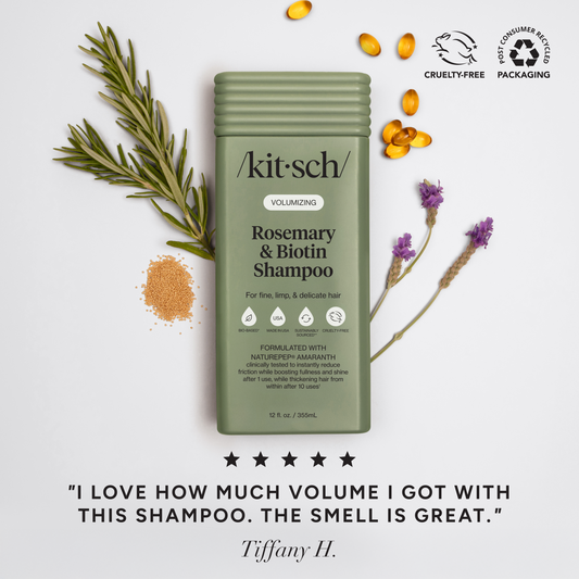 Kitsch Volumizing Rosemary & Biotin Shampoo advertisement. Featuring natural ingredients and a testimonial from Tiffany H.: "I love how much volume I got with this shampoo. The smell is great." Rated 5 stars.