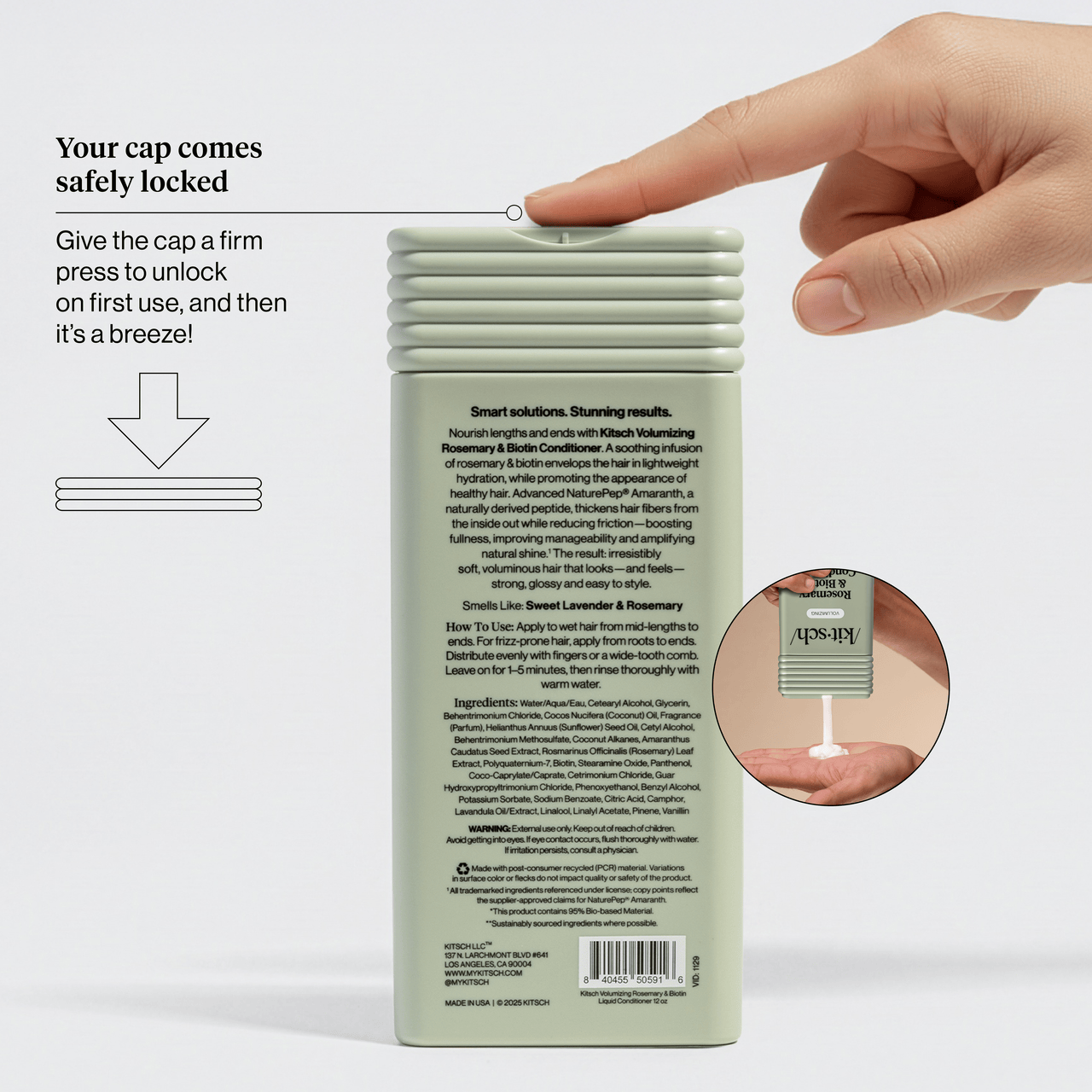 Product packaging with a hand demonstrating how to unlock the cap, on a gray background.