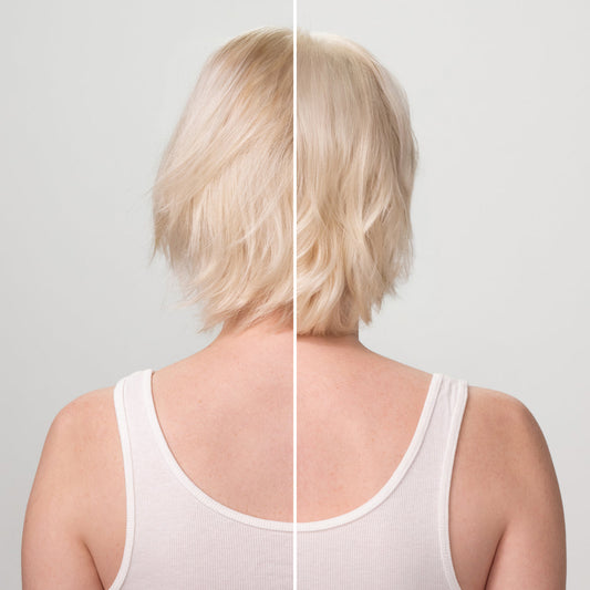 Before and after comparison showing woman with blonde hair from behind — left side before KITSCH Repairing Argan Oil Conditioner, right side showing visibly shinier, smoother, more repaired hair after use — split-screen hair transformation result