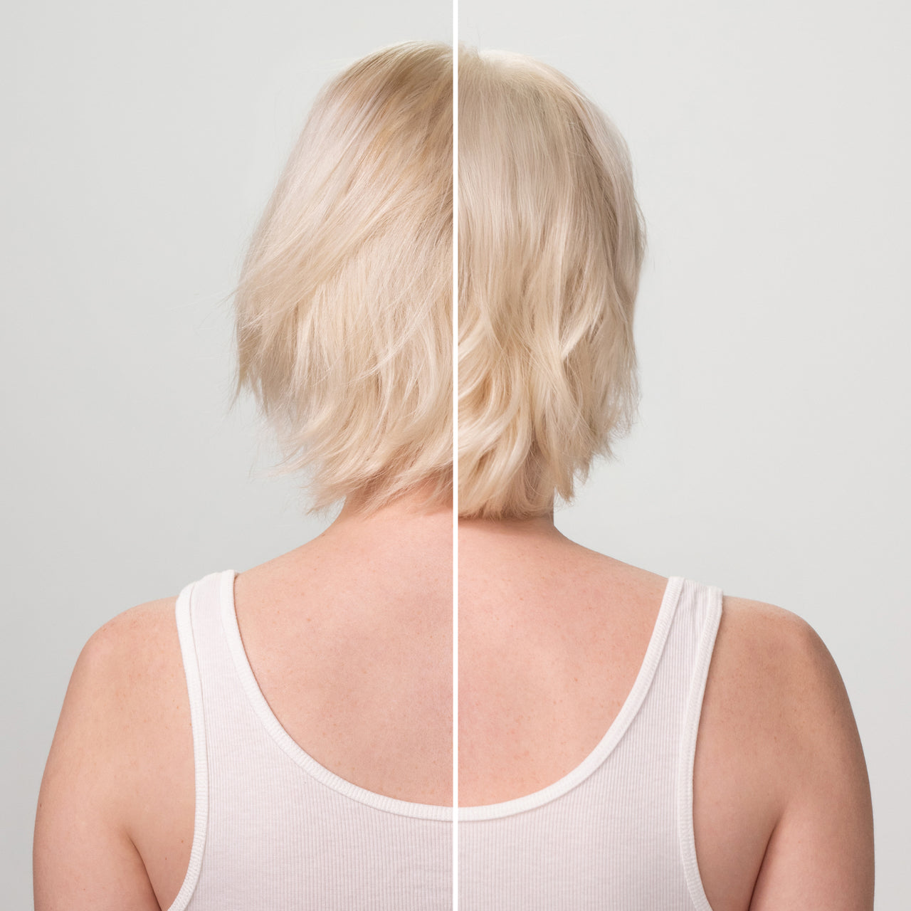 Before and after comparison showing woman with blonde hair from behind — left side before KITSCH Repairing Argan Oil Shampoo & Conditioner, right side showing visibly shinier, smoother, more repaired hair after use — split-screen hair transformation result