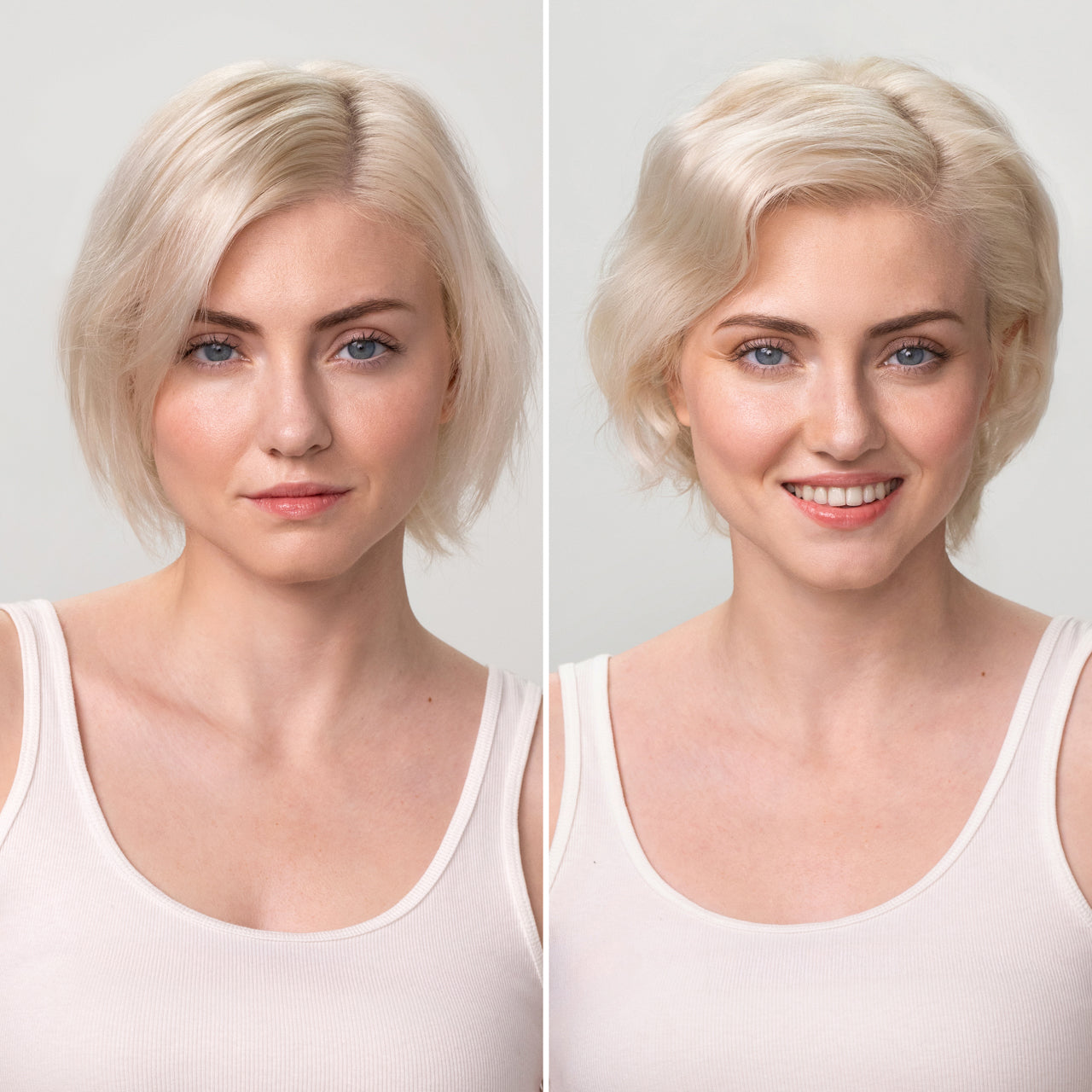 Before and after comparison showing woman with blonde bob haircut from the front — left side before KITSCH Repairing Argan Oil Shampoo & Conditioner showing dull, flat hair, right side after showing visibly shinier, bouncier, more repaired hair with model smiling — hair transformation result