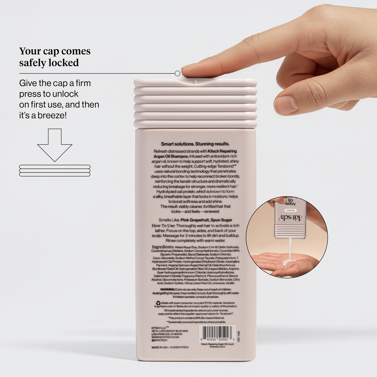 KITSCH Repairing Argan Oil Shampoo packaging callout — Your cap comes safely locked: give the cap a firm press to unlock on first use — hand demonstrating cap-press with unlock diagram — back of bottle showing Smart Solutions Stunning Results claim, Smells Like: Pink Grapefruit, Spun Sugar & Vanilla, and full ingredients list