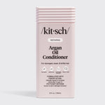 KITSCH Repairing Argan Oil Conditioner 12 fl. oz. — labeled REPAIRING, For damaged, weak, & brittle hair — icons: Bio-Based, Nontoxic, Sustainably Sourced, Cruelty-Free — Formulated with Fision® EcoSil clinically tested to increase shine after 5 uses & PhytoVie® Defense known to aid in damage recovery