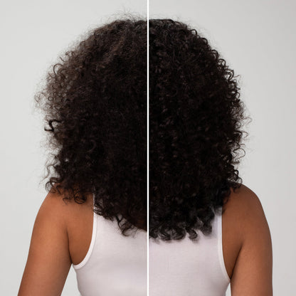 Before and after KITSCH Coconut Oil Conditioner: back view showing curly hair with improved shine and definition