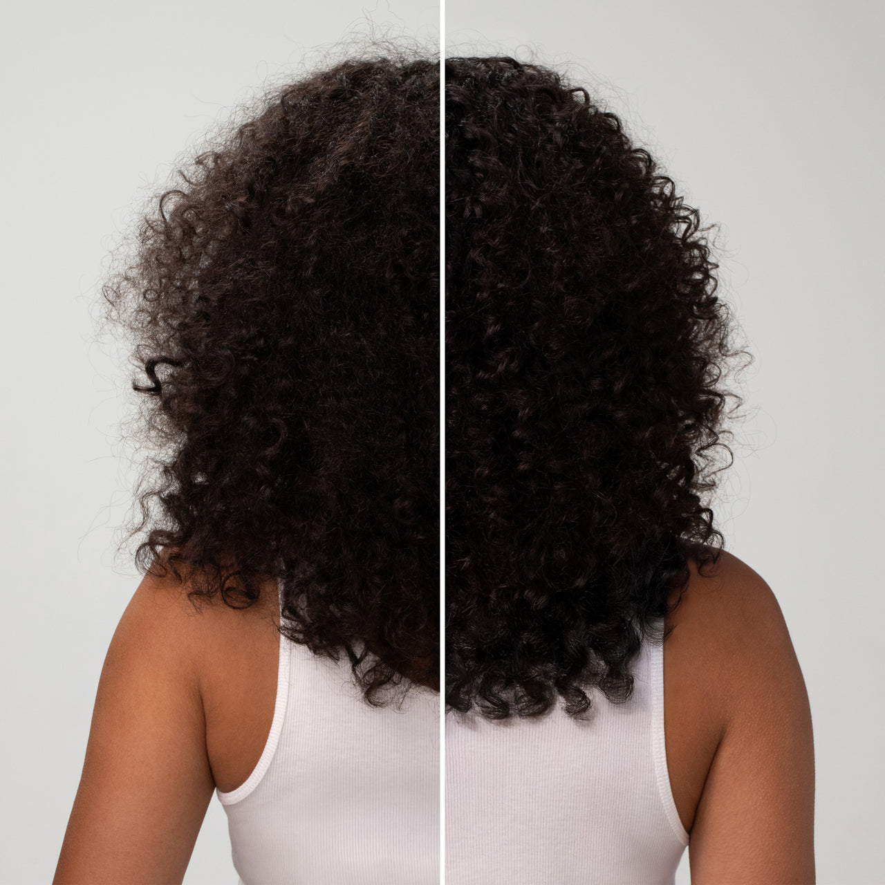 Before and after KITSCH Coconut Oil Conditioner: back view showing curly hair with improved shine and definition