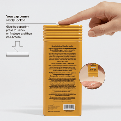 KITSCH Coconut Oil Shampoo back label with safety-locked cap and hand pressing to unlock on first use