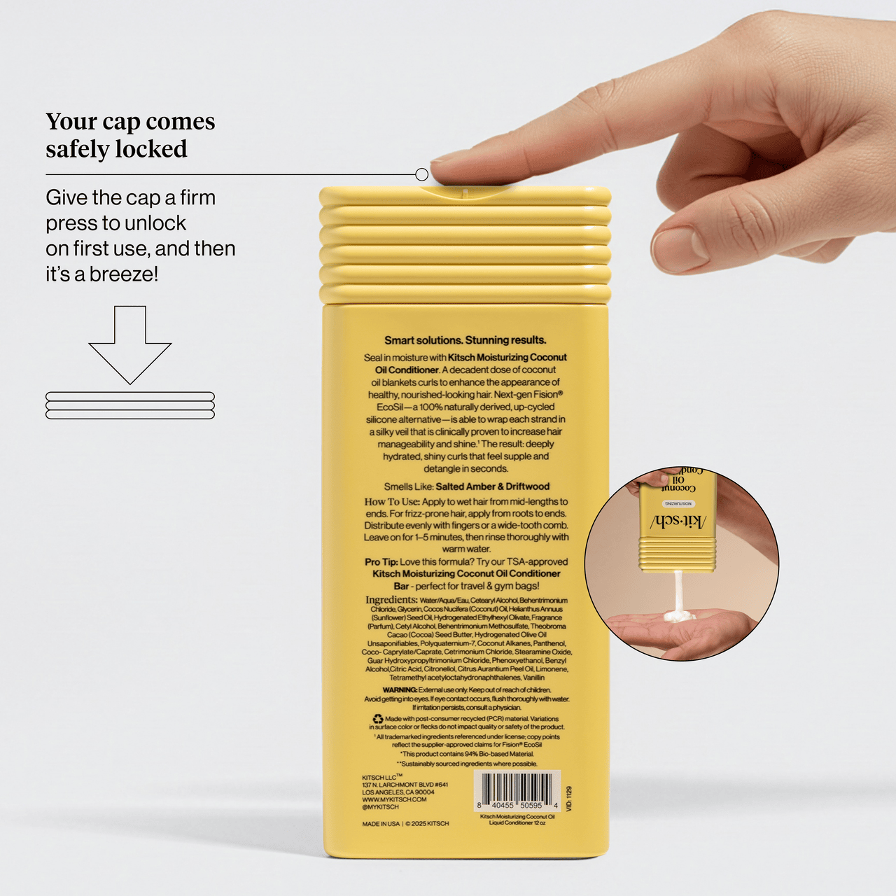 KITSCH Coconut Oil Conditioner back label with safety-locked cap and hand pressing to unlock on first use