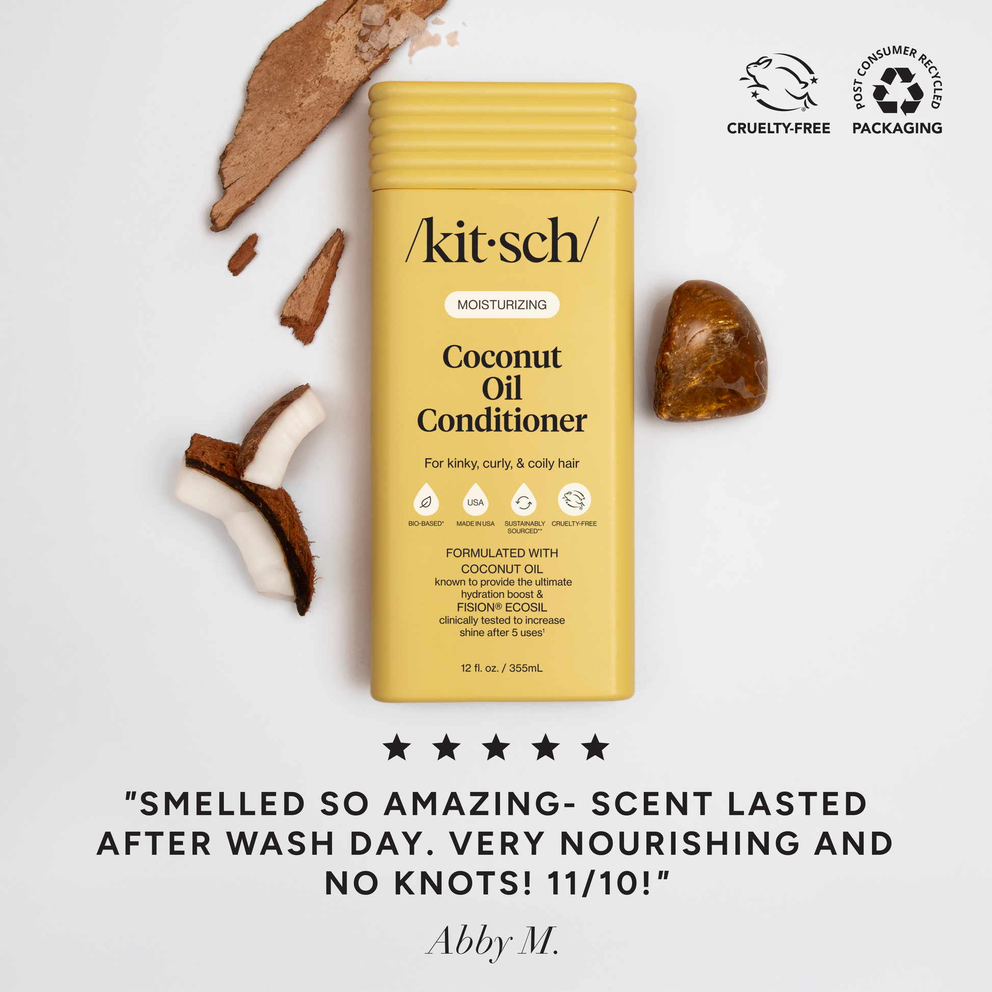 KITSCH Moisturizing Coconut Oil Conditioner with coconuts, cruelty-free badge, and 5-star customer review