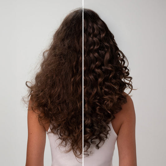 before and after comparison of long, wavy hair on a plain background of using the castor oil with the after image noticeably shinier, less frizzy, and with more defined curls