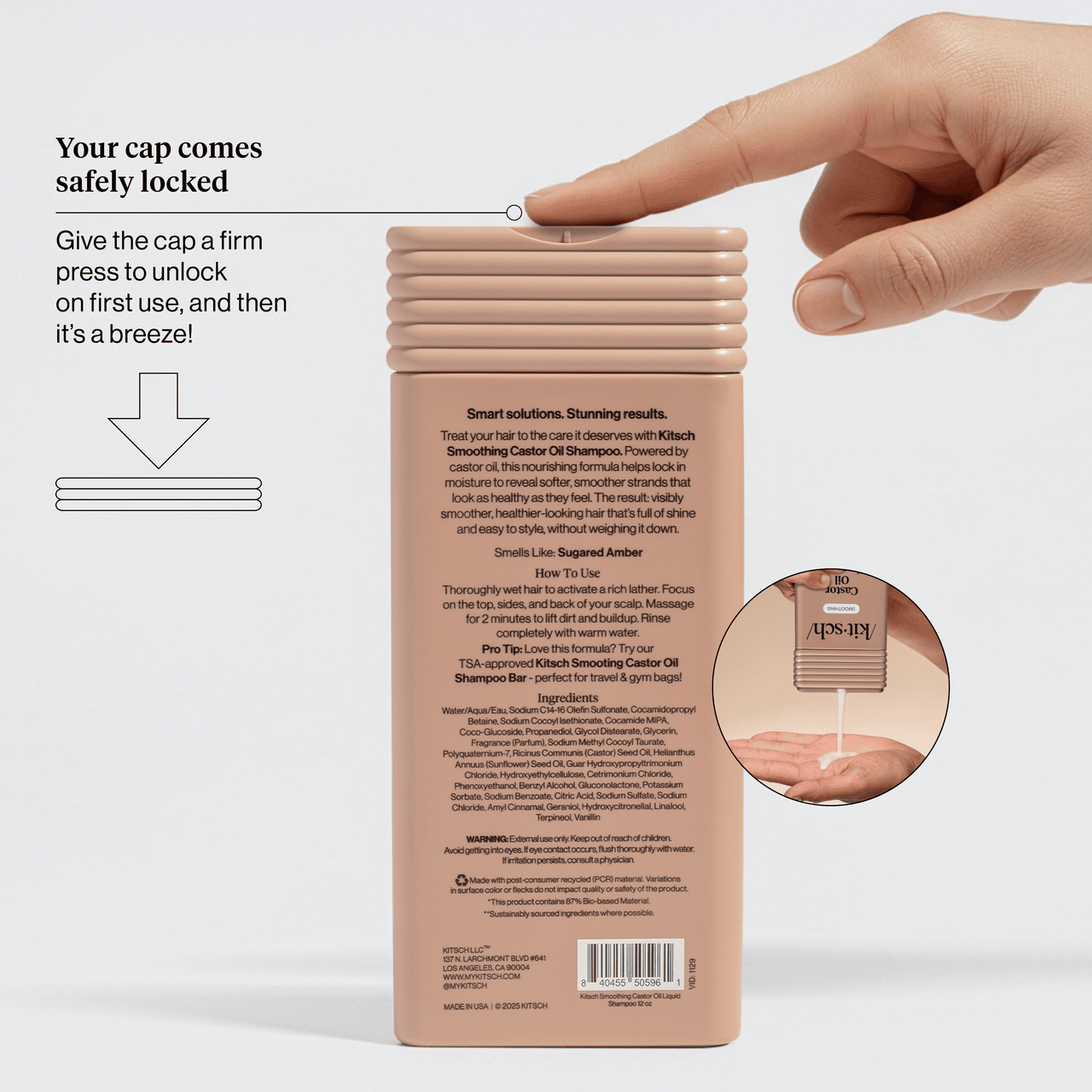 Product packaging with a hand demonstrating how to unlock the cap, on a light gray background.